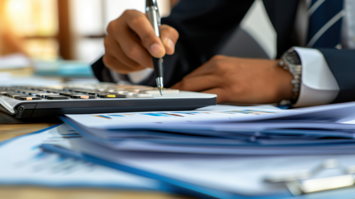 A CPA using a calculator on top of a stack of paper in Birmingham.